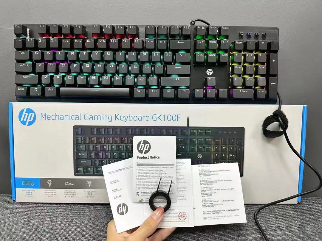 Product parameters:  Product brand: HP Product model: GK100F Keyboard type: 104 key mechanical game keyboard Connection method: USB wired Lighting effects: 20 types of lighting effects Key cap process: ABS Keyboard size: 436X129X35mm Keyboard weight: 917g. 