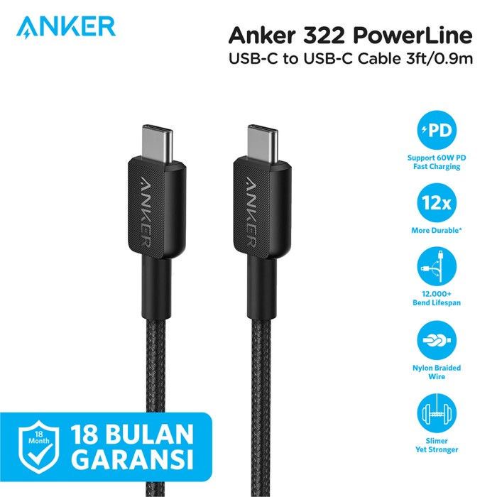 Anker 322 USB-C To USB-C Cable 3ft 60W Nylon Braided Cable Safe charging multicolour