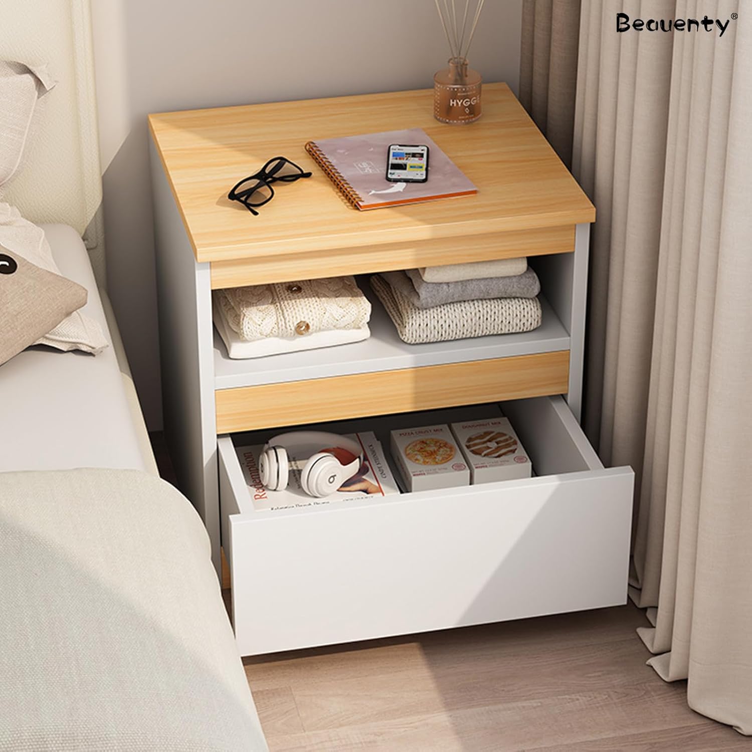 Beauenty Bedside Table Wood End Table Side Table Bedside Storage Cabinet Nightstand With Drawer for Bedroom Living Room Dormitory,18/16. 