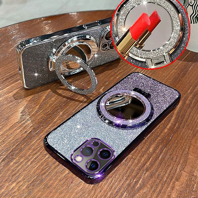 New Phone case Tecno Spark Go 2024 Spark Go 2023 Spark Go 2022 Spark Go 2020 Back cover with Makeup Mirror Holder Stand Luxury Shiny Gradient Plating Glitter Slim Phone cases Transparent Soft Silicone Protective Pouch Women Girls. 