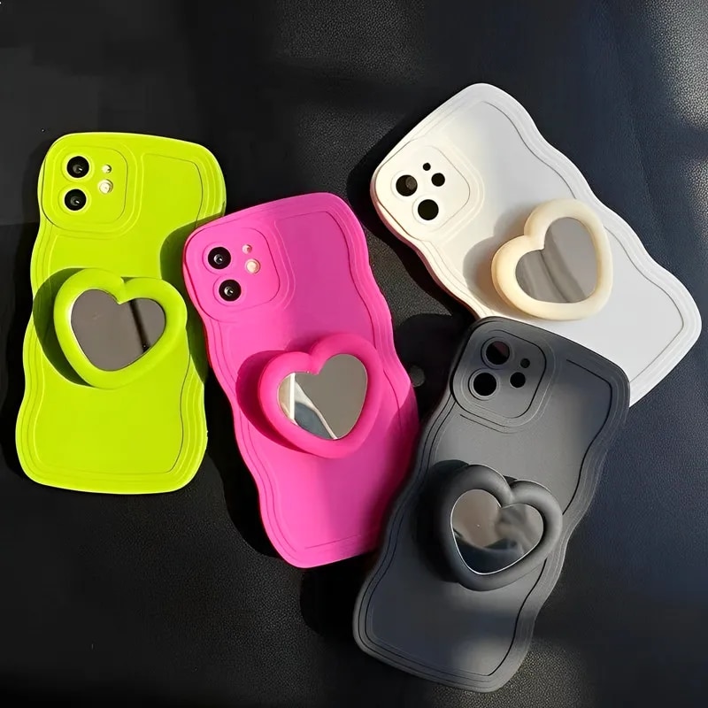 Heart Mirror Holder Wave Phone Case For Samsung Galaxy A04 A03 Core A02 A01 A04S A03S A02S A04E A21S A52S A30 A20 A10 Soft Cover