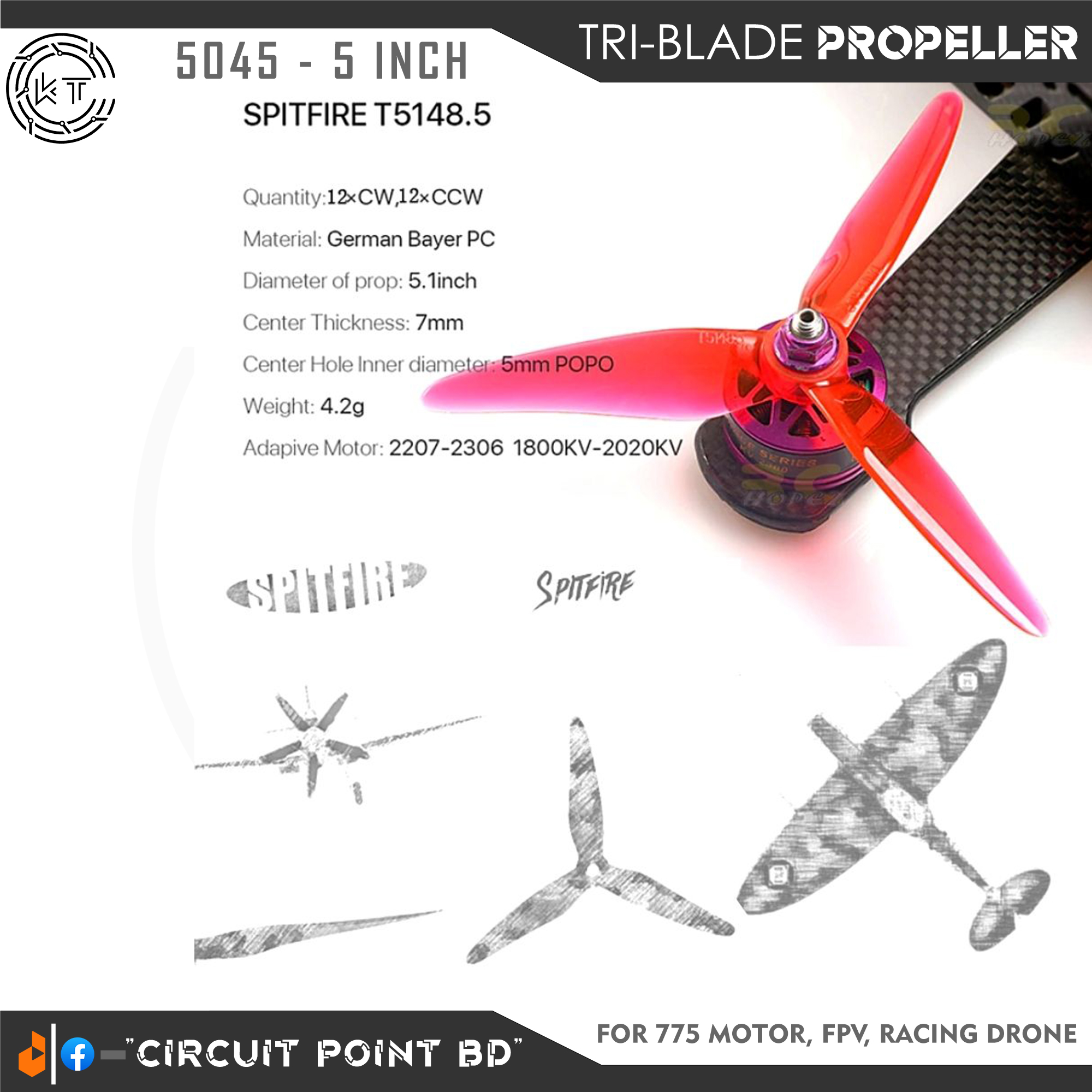 2Pcs 5 Inch Propeller (CW + CCW) 3 Blade / Tri-Blade High Quality Props for Drone, FPV Racing Drone, Plane or Drone Camera.. 