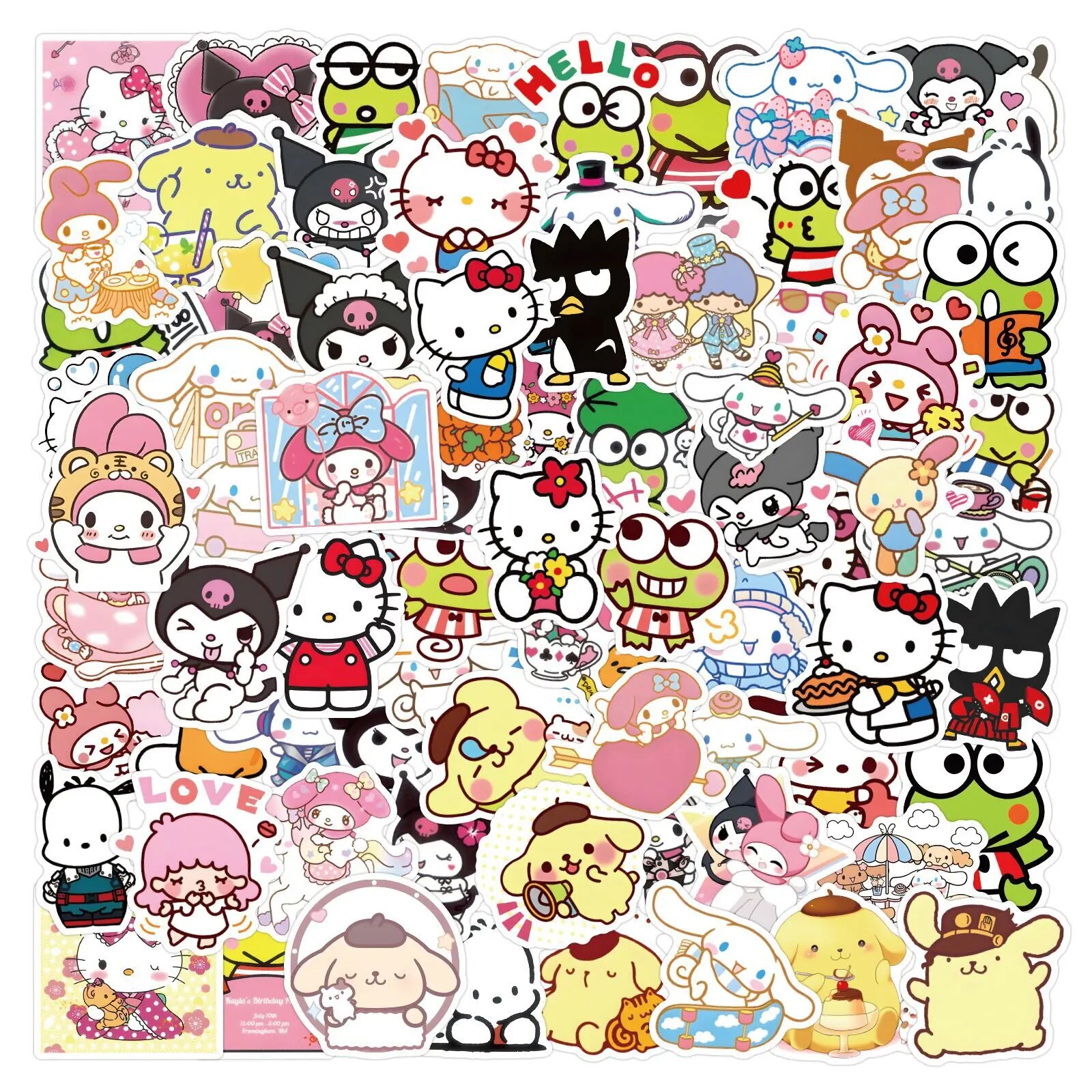 100Pcs/Set Kawaii Sanrio Stickers for Kids Toys Kuromi Hello Kitty Cartoon Decals Waterproof Cute Decoration Sticker