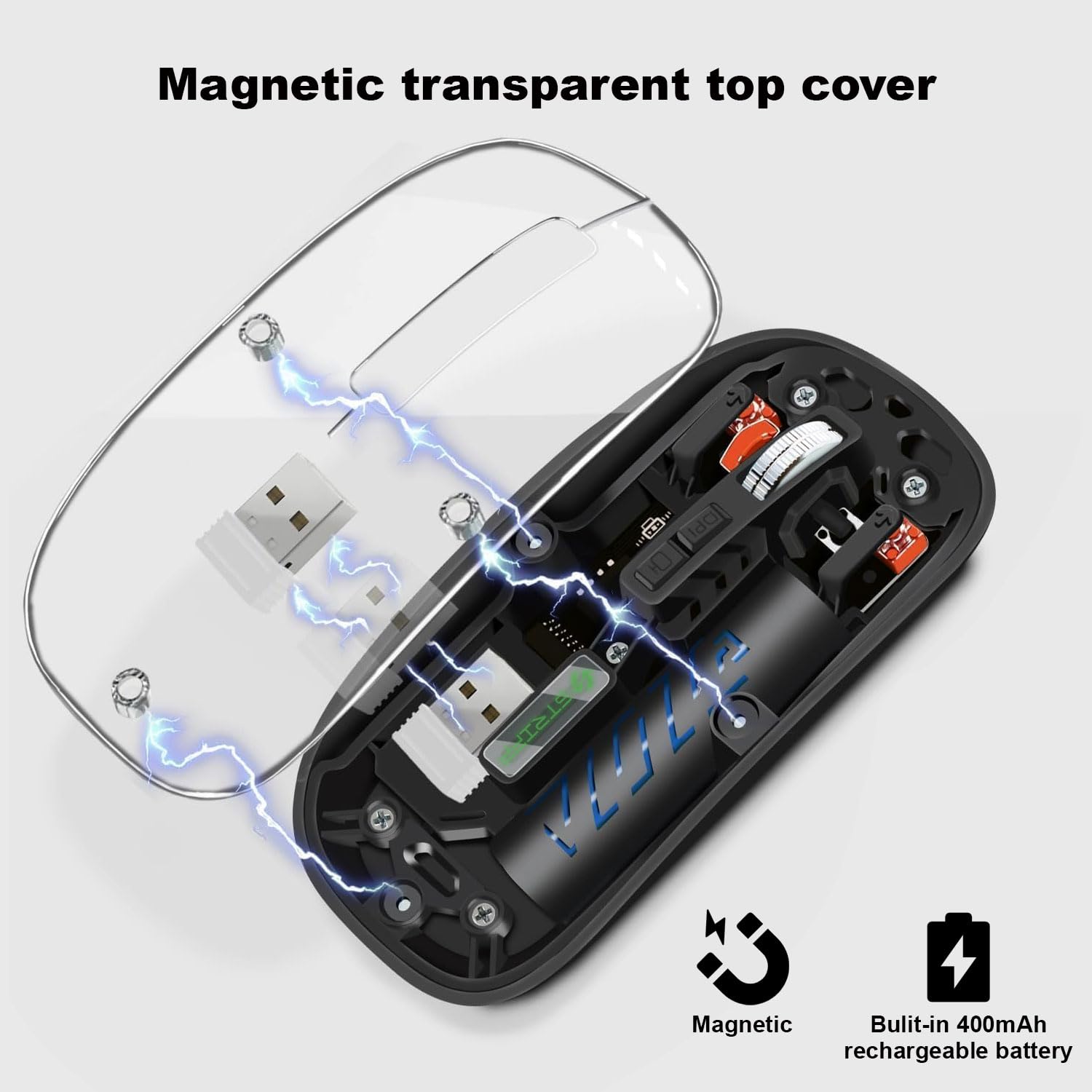 GEARBEST   Transparent with Dual Wireless (BT + 2.4 GHz), Wireless and Bluetooth Rechargeable Mouse, USB Receiver,LED Battery Magic Silm for Office/PC/Mac/Laptop/Apple/ipad. 