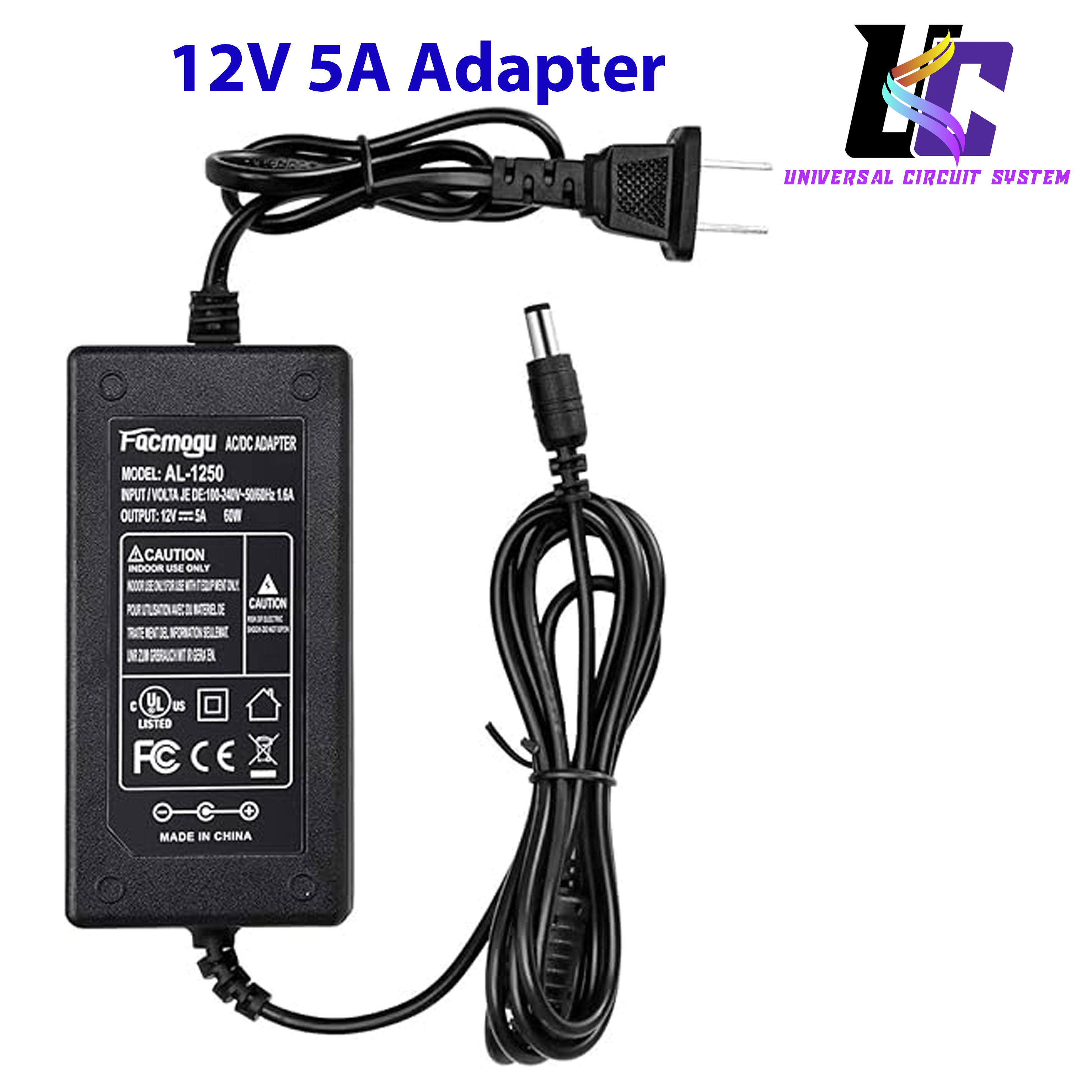 220V to 12V 5A Power Supply Led Strip Light Transformer Input with 5.5x2.1mm 60W AC DC Adapter