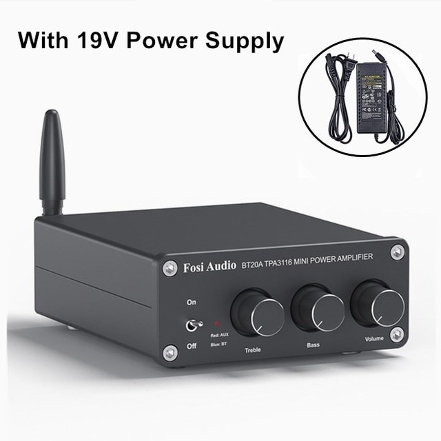 Fosi Audio BT20A Bluetooth TPA3116D2 Sound Power Amplifier 100W Mini HiFi Stereo Class D Amp Bass Treble For Theater - black add 24V power. 