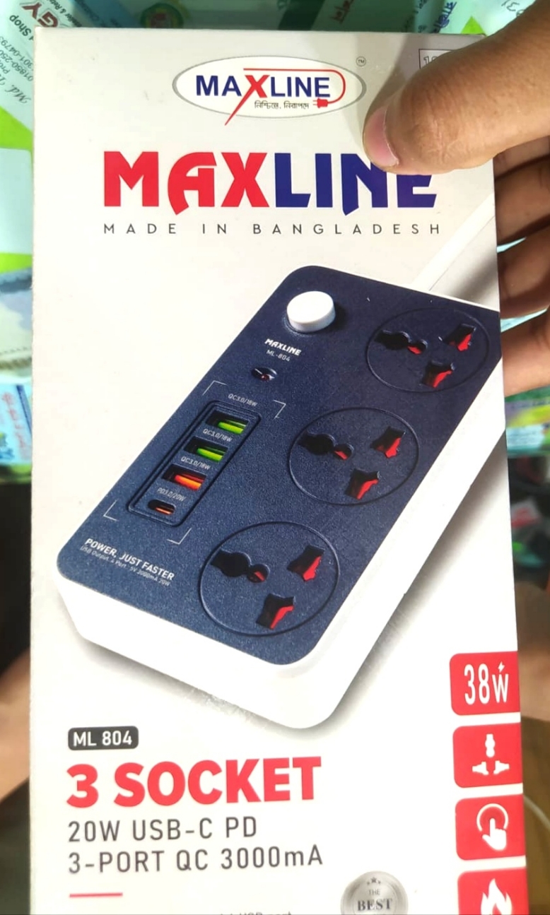 Maxline ML-804, 3 Socket & 4 USB With Lightning Port Fast Charging PD20W QC3.0 Multiplug Power Strip USB-C Output: 20W max (PD3.0). 