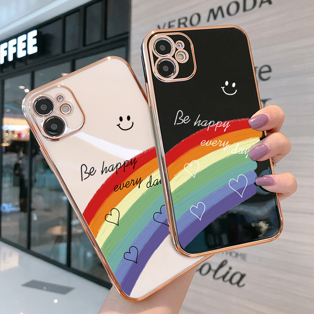 TA for Samsung Galaxy A42 5G Back Cover + Free Lanyard Rainbow Doodle Luxury 6D Plating Case Side Pattern Soft Silicone Square Phone Cases. 