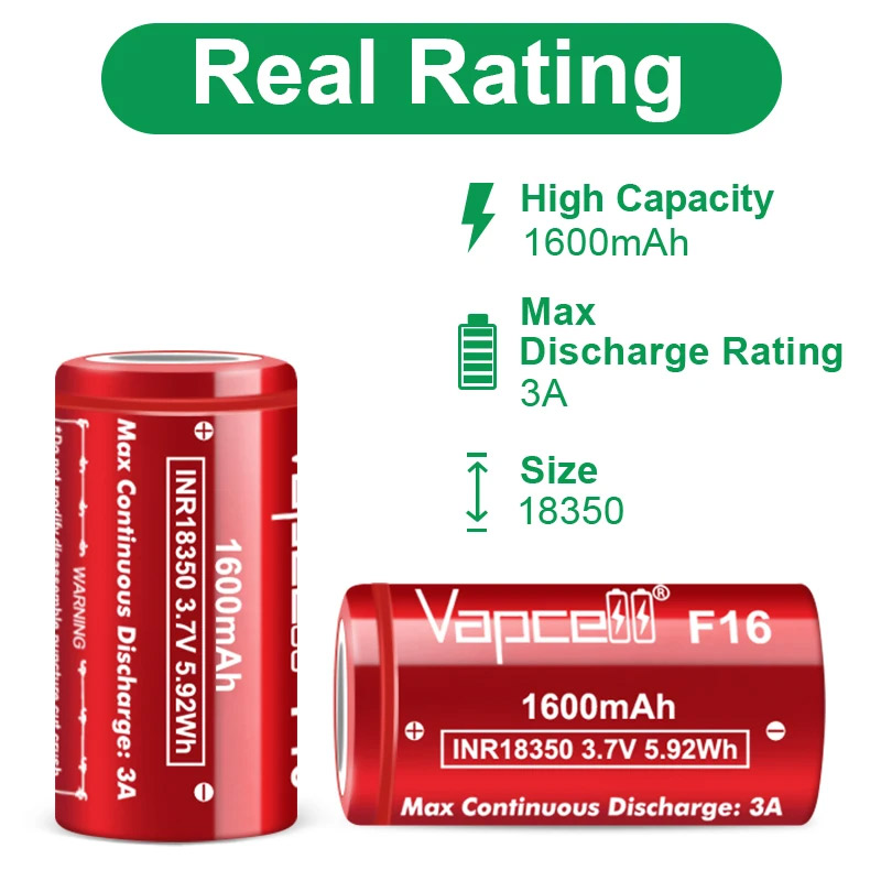 Original Vapcell F16 INR 18350 Battery 1600mAh 3A 3.7V Highest Capacity 18350 Lithium Ion Battery Flat Top For Flashlight Camera. 