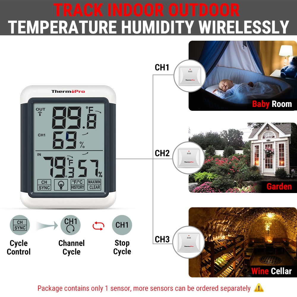 ThermoPro TP65A 100M  Weather Station Hygrometer Indoor Outdoor Tature and Humidity Monitor with Touch Screen. 