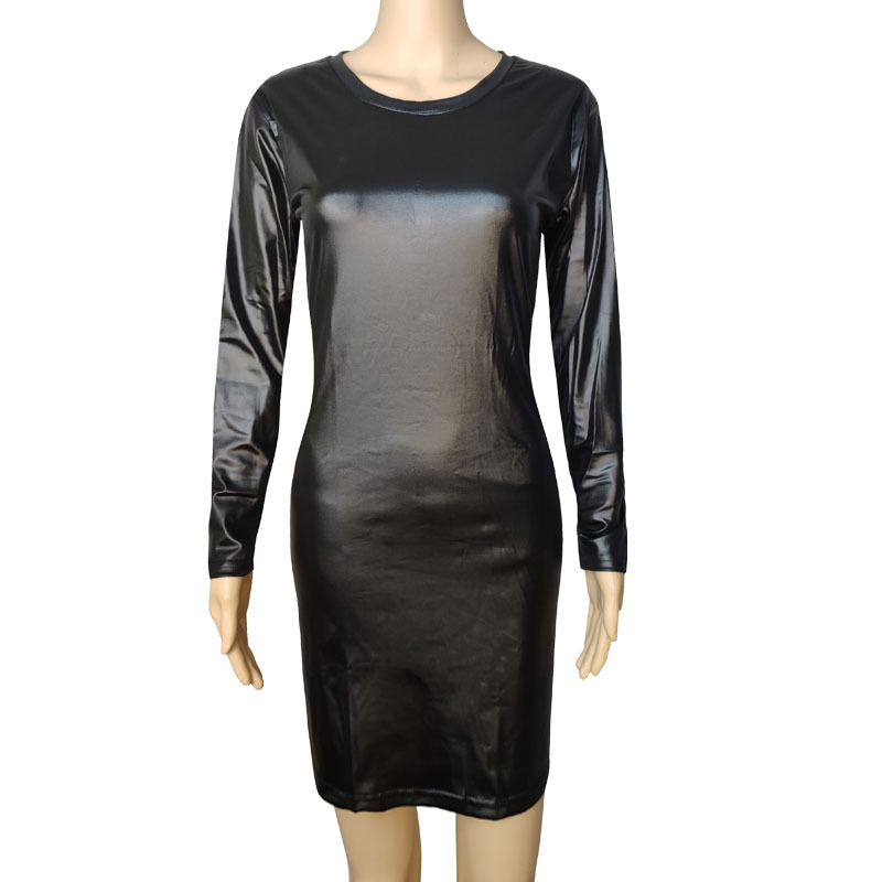 2024 cross-border women's clothing foreign trade nightclub dress, faux leather long sleeve round neck to knee to hip tight pencil skirt