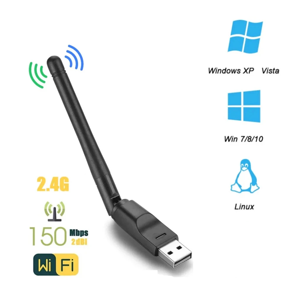 150Mbps Mini USB WiFi Adapter 2.4GHz Wireless Network Card Wi-Fi Receiver Dongle with Antenna 802.11 b/g/n for PC Laptop