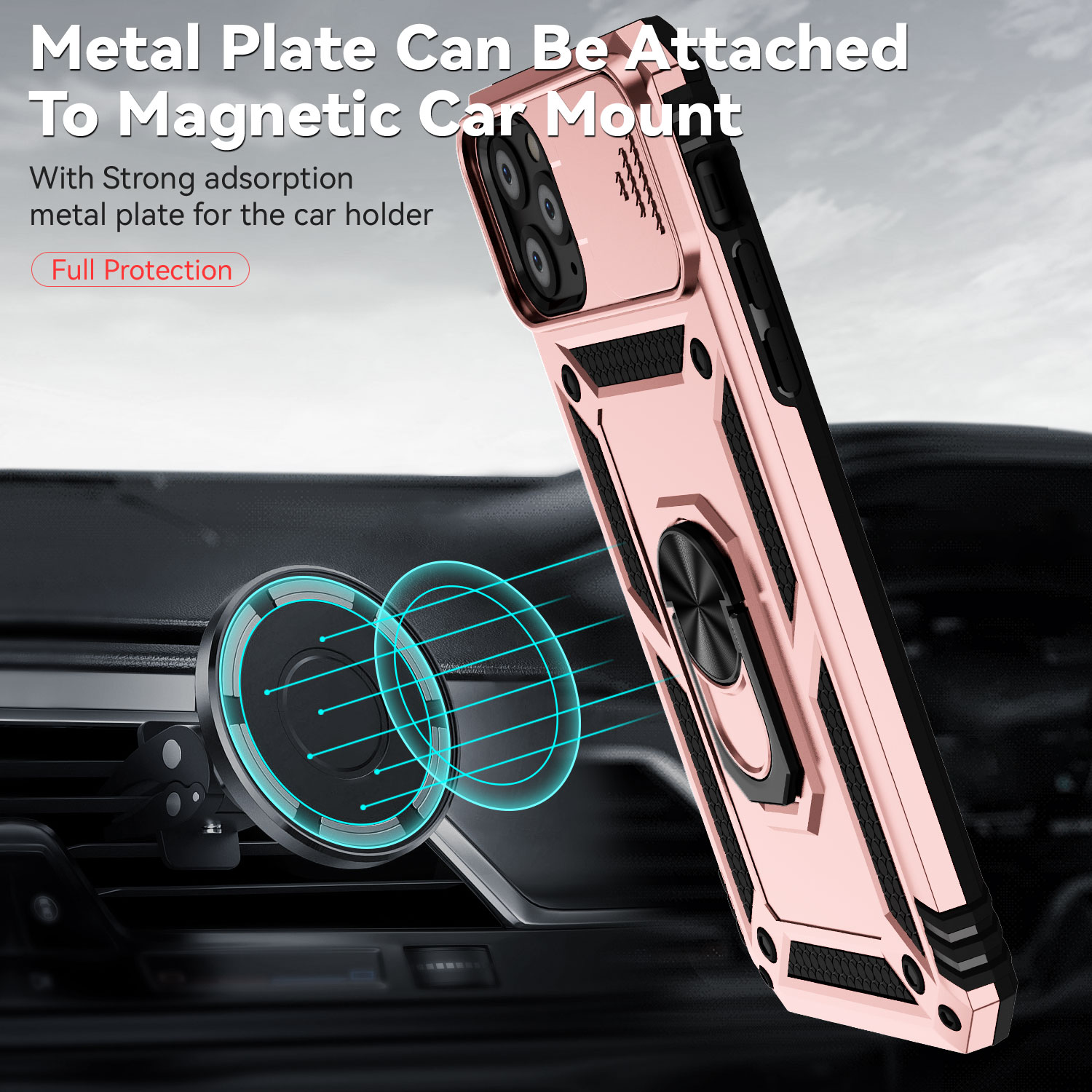 For iPhone 11 Pro Case with Slide Camera Cover, 360° Ring Holder Metal Kickstand, work for Phone Holder Car Mount, Drop Peep Protection. 