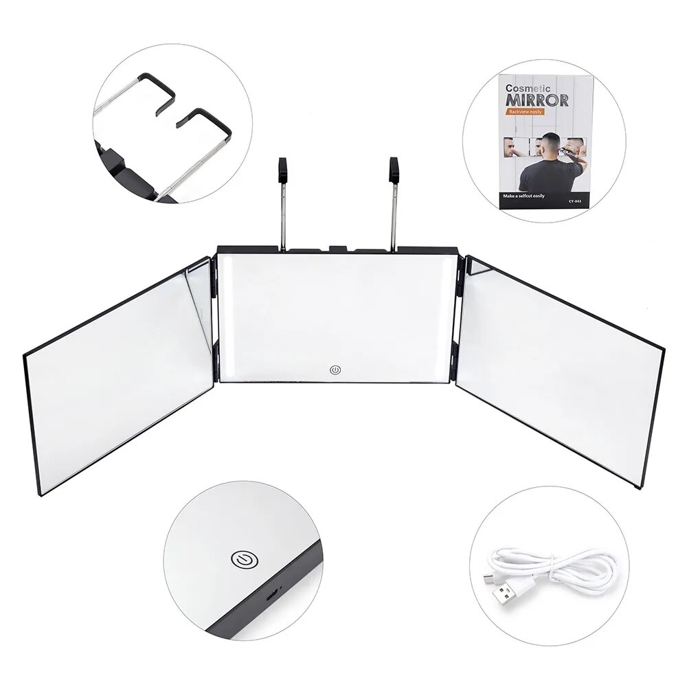 3 Way Mirror for Self Hair Cutting 360° Mirror with LED Lights, Trifold Self Haircut Mirror Rechargeable with Height Adjustable. 