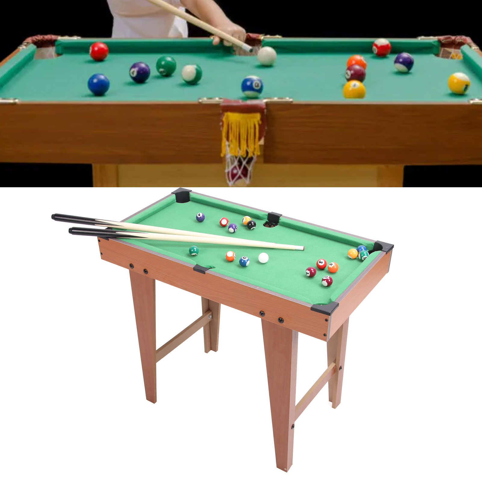 Tabletop Pool Table for Kids, Billiards Table for Kids Portable 1 Cue Ball 1 Racking Triangle 2 Pool Sticks 15 Colored Balls 1 Brush for Family Game Room. 