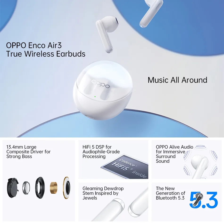 OPPO ENCO Air 3 TWS Earphone Wireless Bluetooth 5.3 Earbuds 25 Hour Battery Life AI Noise Cancelling IP54 with Mic. 