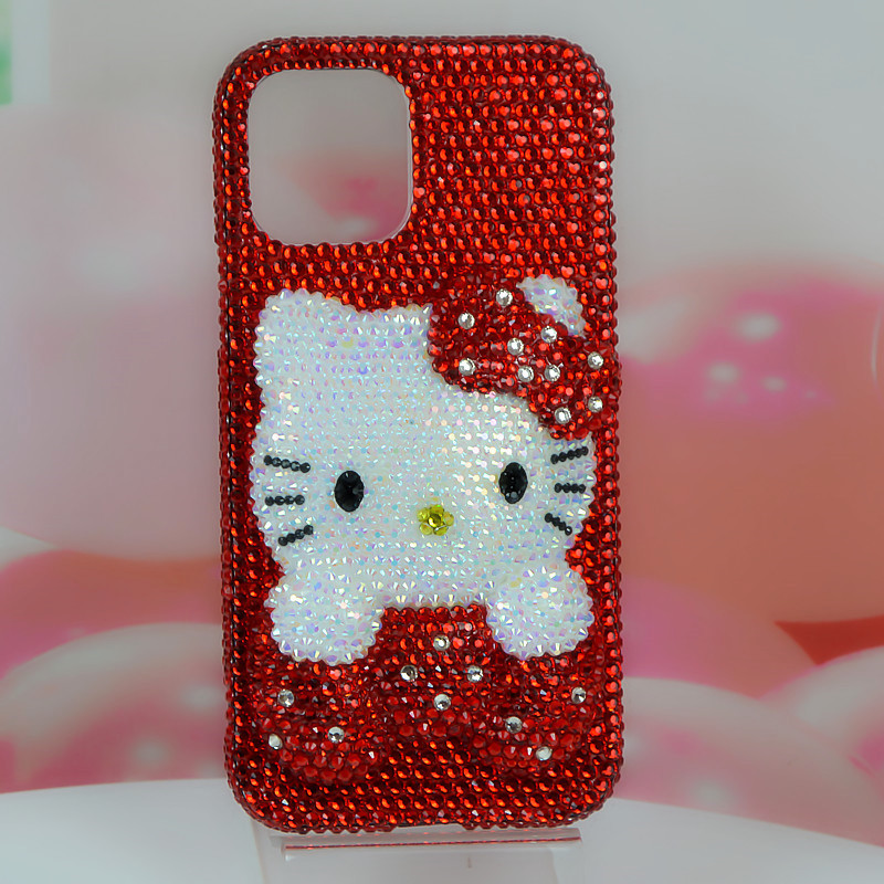 Applicable iPhone11 12 1314pro Max Apple 8plus Red Rhinestone Cat Phone Case All Inclusive. 