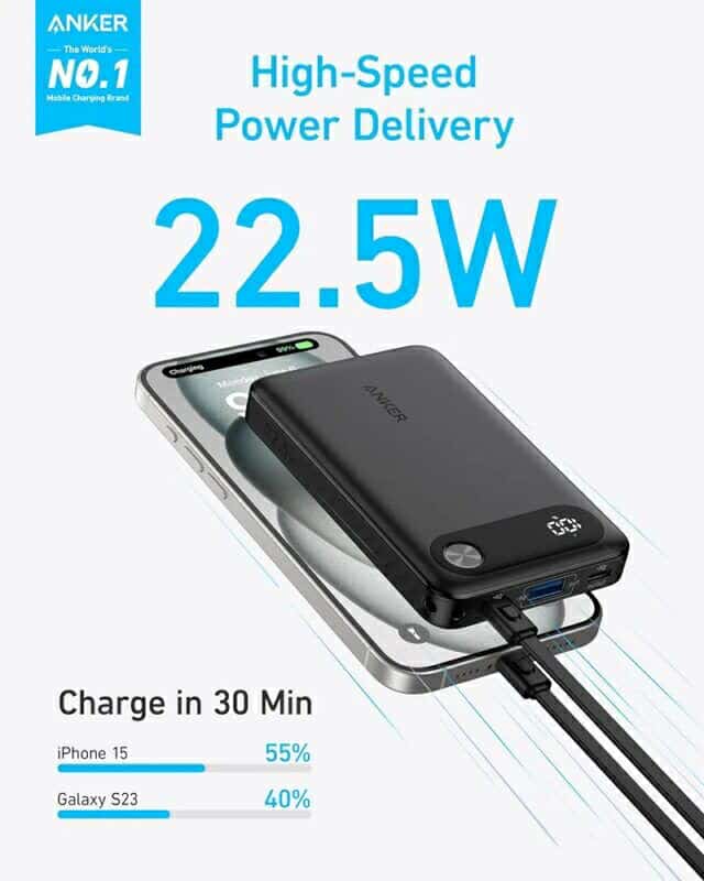 Anker A1257 Power Bank 10,000mAh Portable Charger with Built-in USB-C Cable and Lanyard, 22.5W Max Output with 2 USB-C