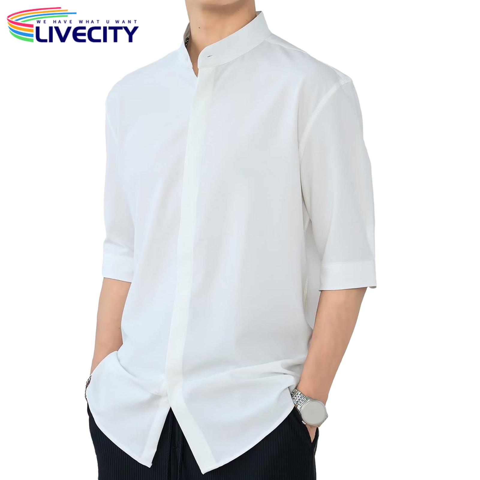 Men Solid Color Shirt Men's Slim Fit Stand Collar Business Shirt Soft Breathable Cardigan for Office Commute Style Solid Color Men Shirt