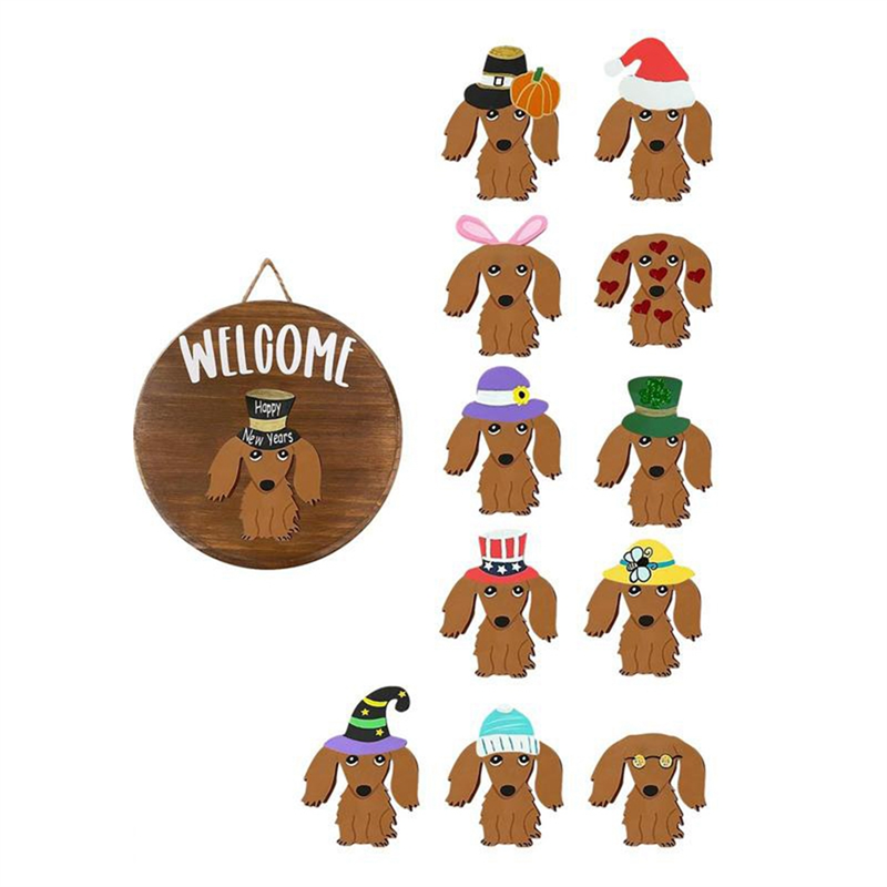 Dachshund Seasonal Welcome Sign for Front Door Rustic Round Wood Wreaths Sausage Dog Wall Hanging Home Decor Easy Install