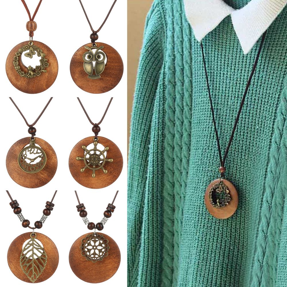 Hot Retro Ethnic Sweater Chain Round Wooden Long Sweater Necklace Vintage Clock Pendant Jewelry Neck Accessories Gifts Collar