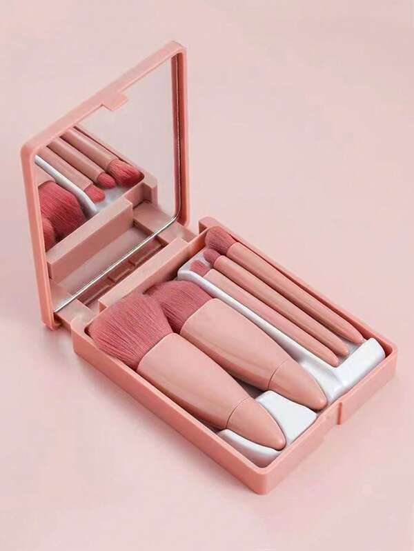 Golbylicc Travel Size Makeup Brushes Set Mini Makeup Brushes, Small Complete Function Cosmetic Brushes Kit with Case and Mirror Perfect for On The Go, 5PC (Mini Pink). 