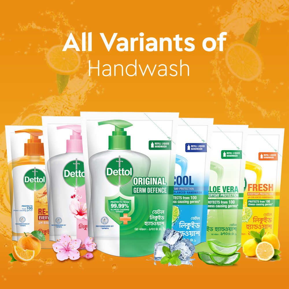 Dettol Handwash Re-energize 170ml Refill, pH-Balanced Liquid Soap formula. 
