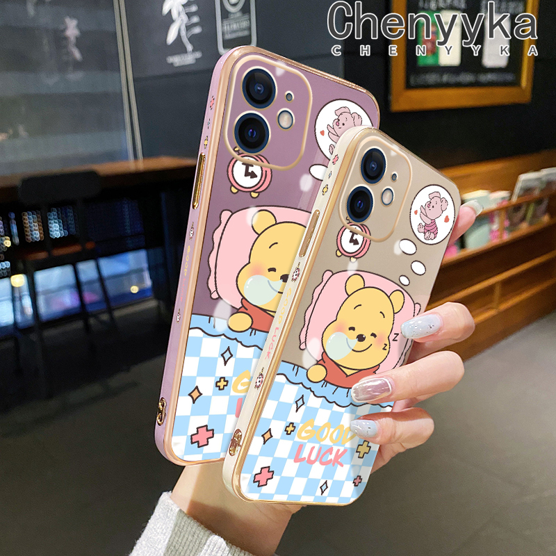 Chenyyka For vivo v23 4G V23 5G S12 5G Case Cartoon Winnie the Pooh New Design Plating Phone Case Square Edge Pattern Shockproof Soft Shell Full Cover Camera Lens Protection Case. 