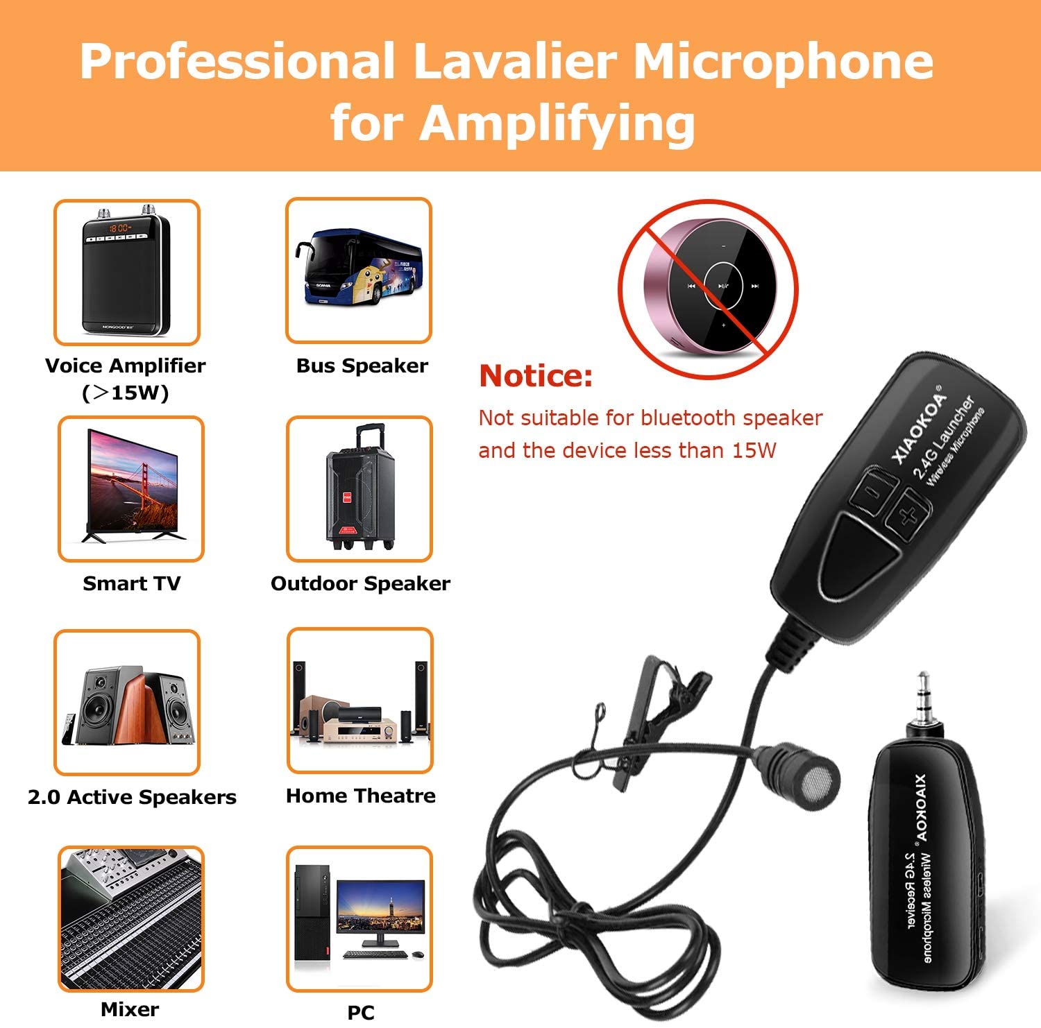 XIAOKOA 2.4G Wireless Lavalier Microphone Recording Lapel Mic with 50m Stable Wireless Transmission for Voice Amplifier Speaker. 