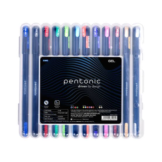 Pentonic Multicolor Gel Pen With Hard Box Case (0.6 mm-1.0 mm, Black Body, 12 Pcs Set - Pen. 