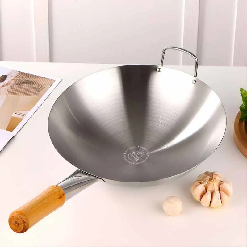 Dr cook pan ss steel wooden handle cooking pan Round Bottom Carbon Steel Wok Pan, Brushed Polished,Beech Anti-Scald Handle,Kitchen Cookware for Gas Stoves. 