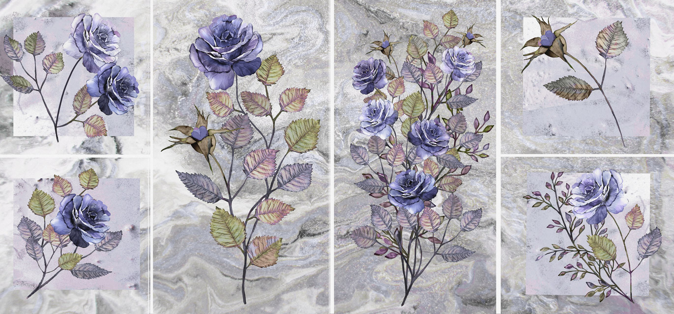 CNVS-633  72″ inch x 36″ inch   Different Textures And Colors Blue Roses On Grey Background. 
