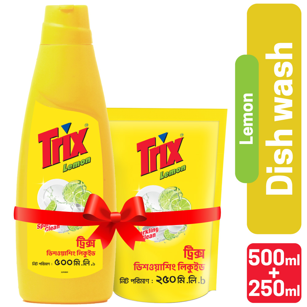 Trix Dishwashing Liquid 750ml (Bottle & Refill Combo) Lemon Fragrance for Scratch-Free Sparkling Clean Dishes, removes grease stains