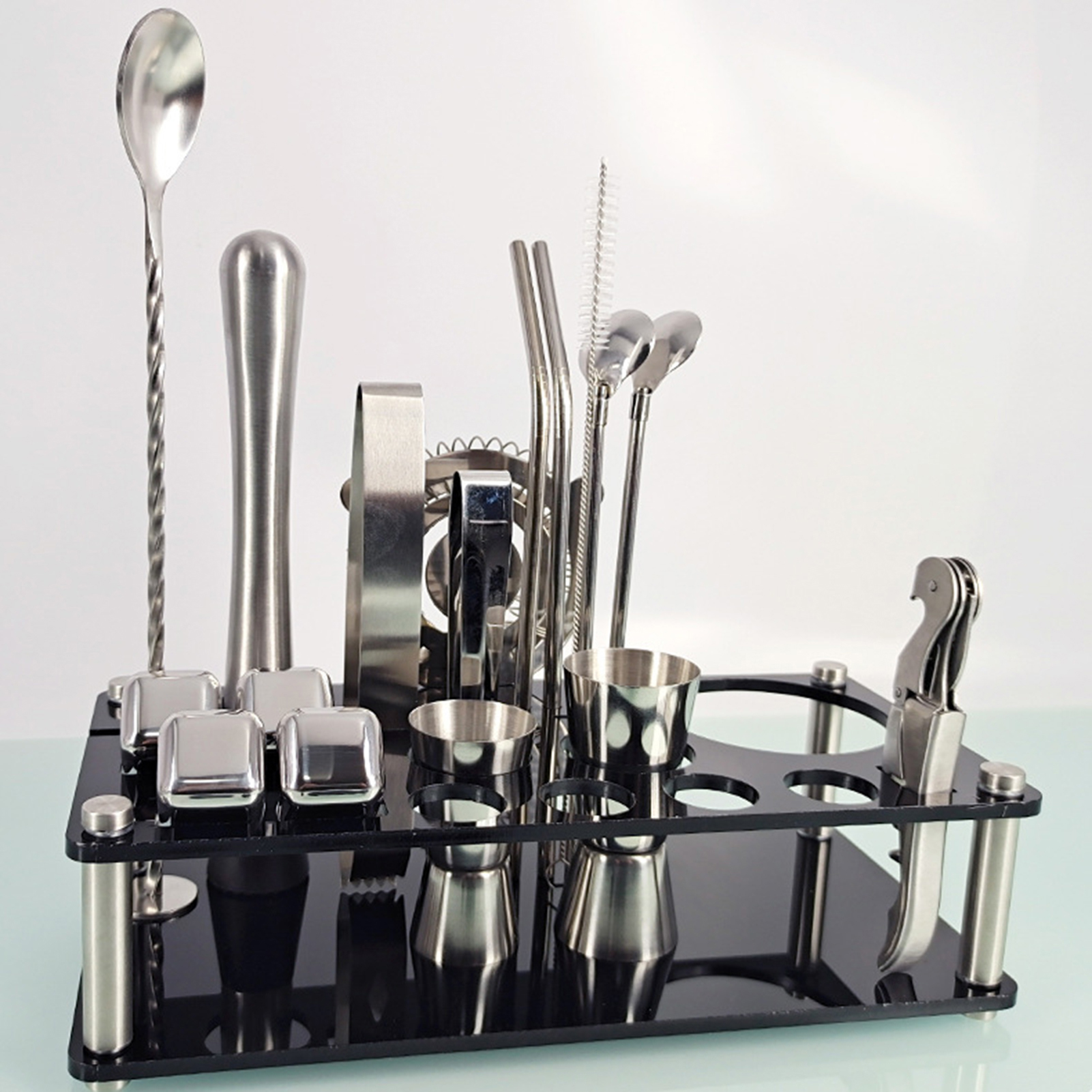23Pcs/Set Bartender Kit Professional Versatility Stainless Steel Martini Cocktail Shaker with Stand Bar Accessories. 