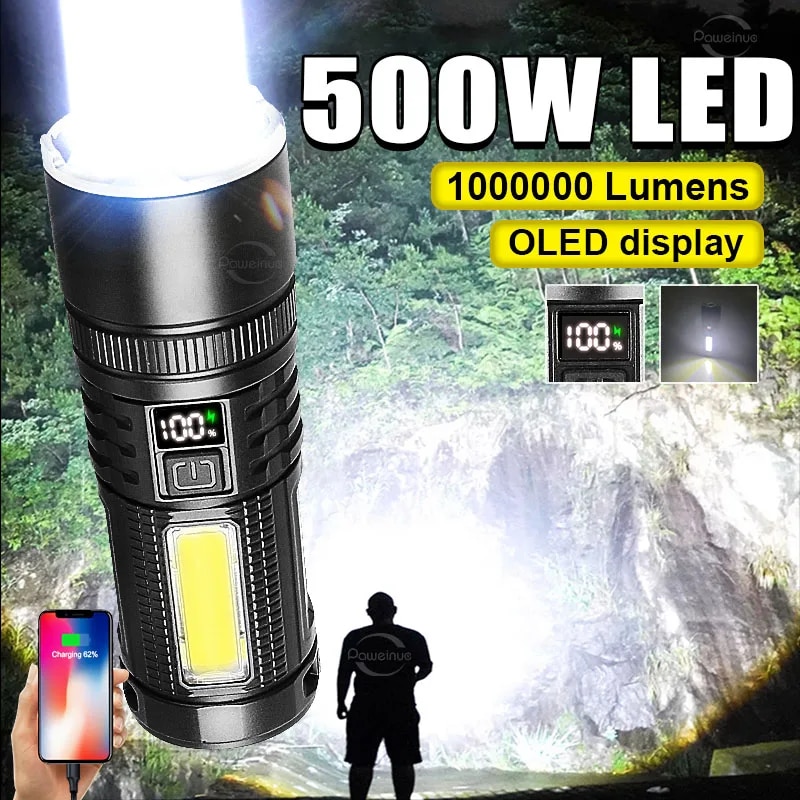 1000000 Lumens 500W NEW Wick Powerful Flashlight Rechargeable Tactical Flash Light Long Range 3000M Search Lamp With Side Light