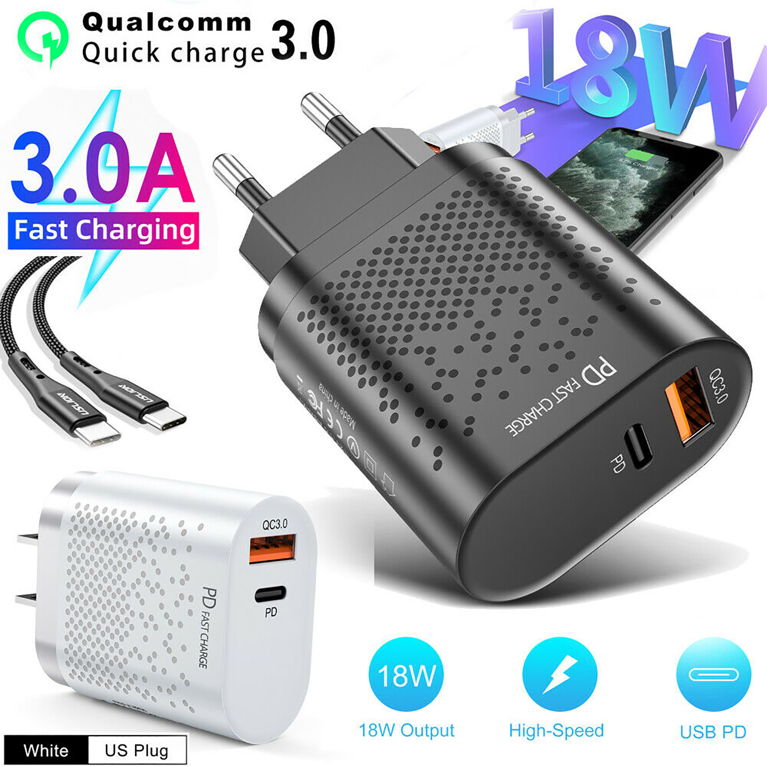 18W PD Fast Charger USB C Quick Charging QC 3.0 Phone Adapter US EU Plug Type-C for Android. 