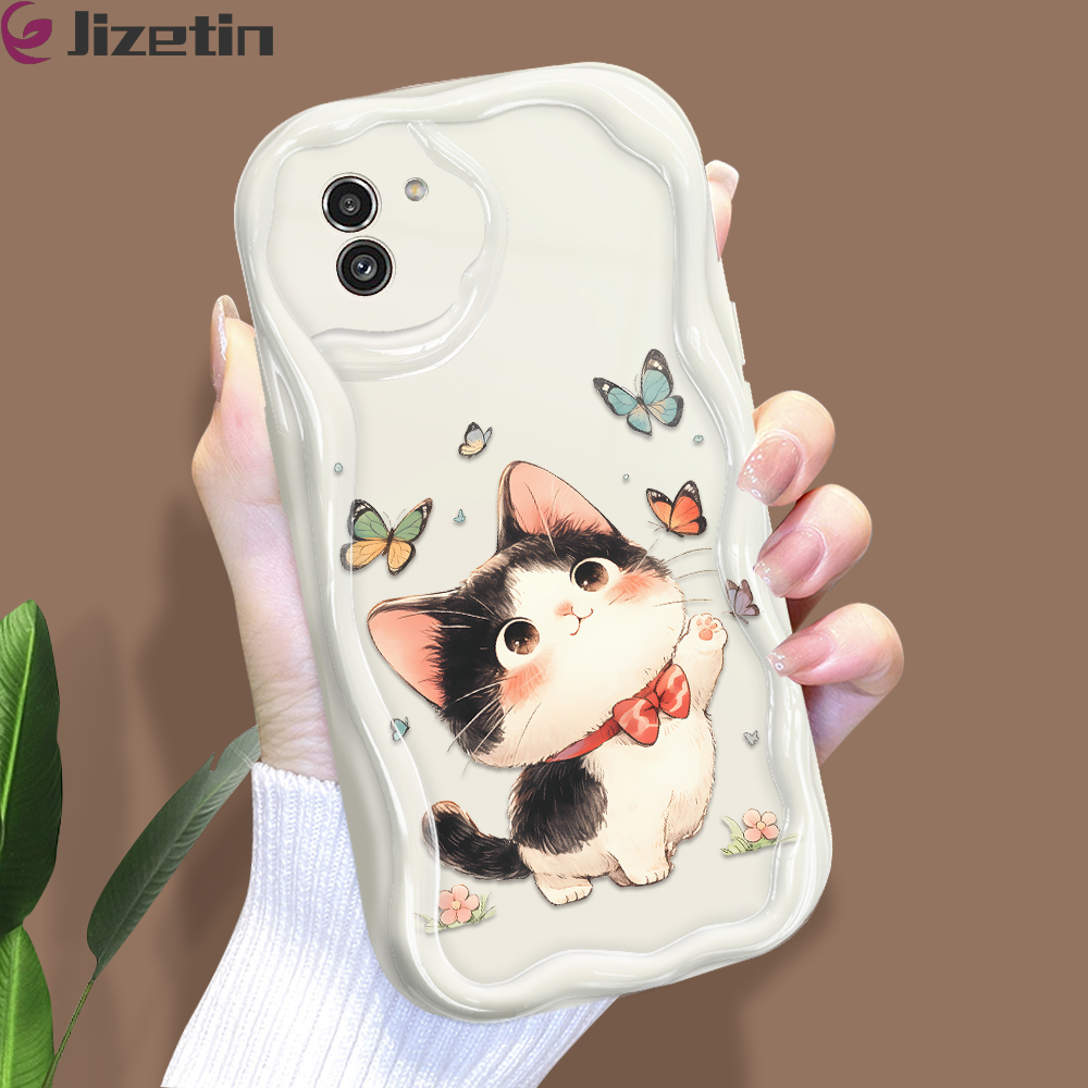 Jizetin for Samsung A03 Back Cover Kitten Playing Butterfly Cream Wavy Edge Soft Silicone Phone Case
