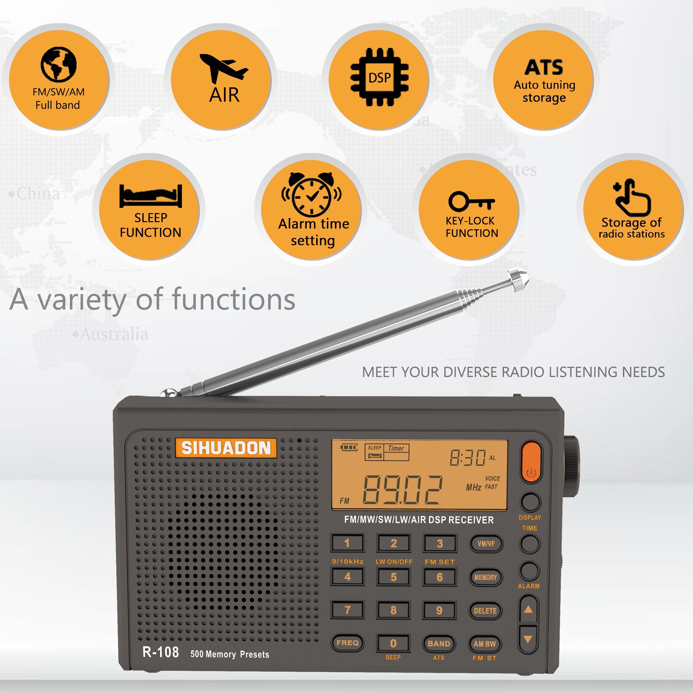 SIHUADON R-108 Radio FM Stereo Digital Portable Radio AM SW Air Radio Receiver Alarm Function Display Clock Temperature Speaker. 