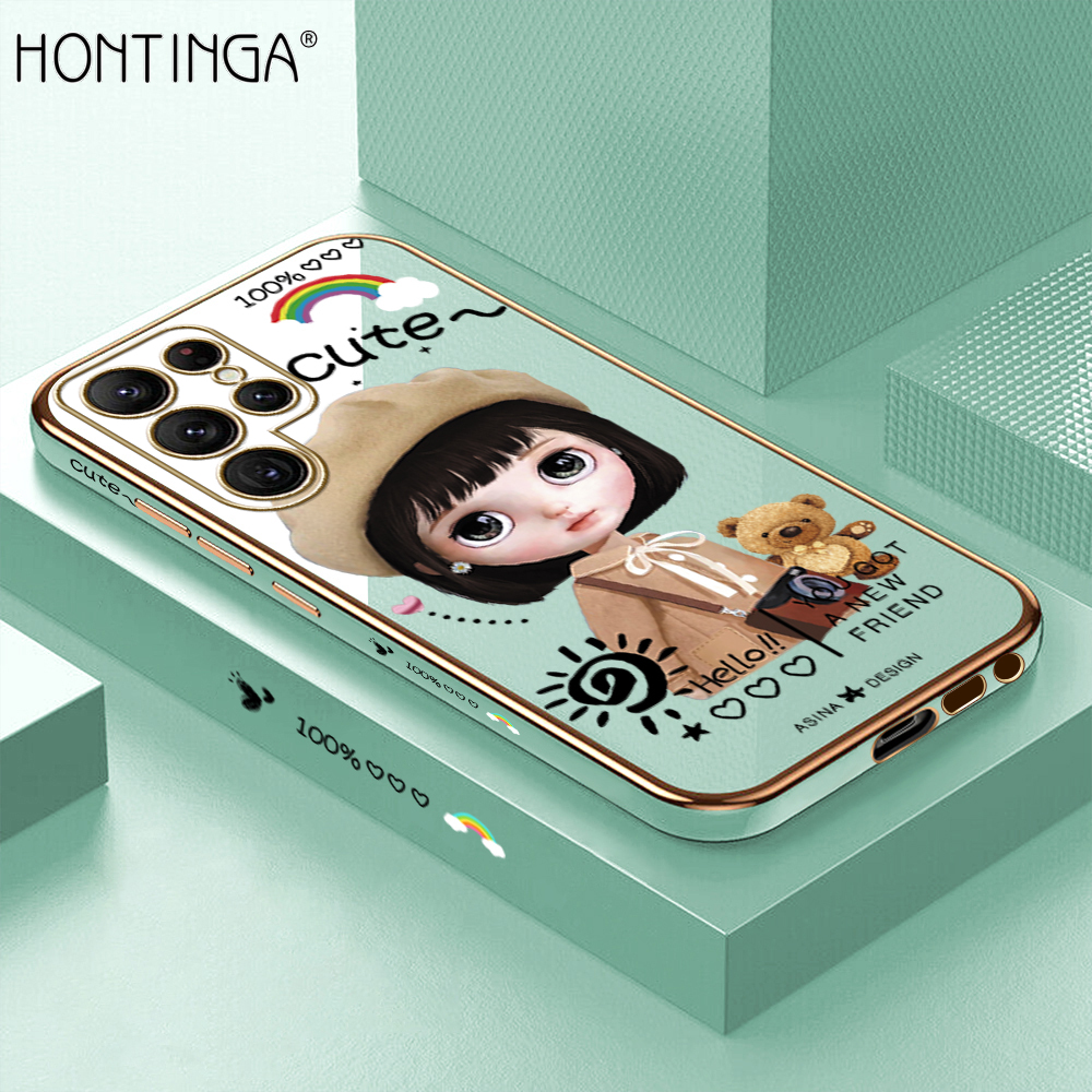 Hontinga for Samsung Galaxy S22 Ultra 5G Back Cover + Free Lanyard Luxury 6D Plating Cartoon Satchel Girl Side Pattern Case Soft Silicone Square Phone Cases