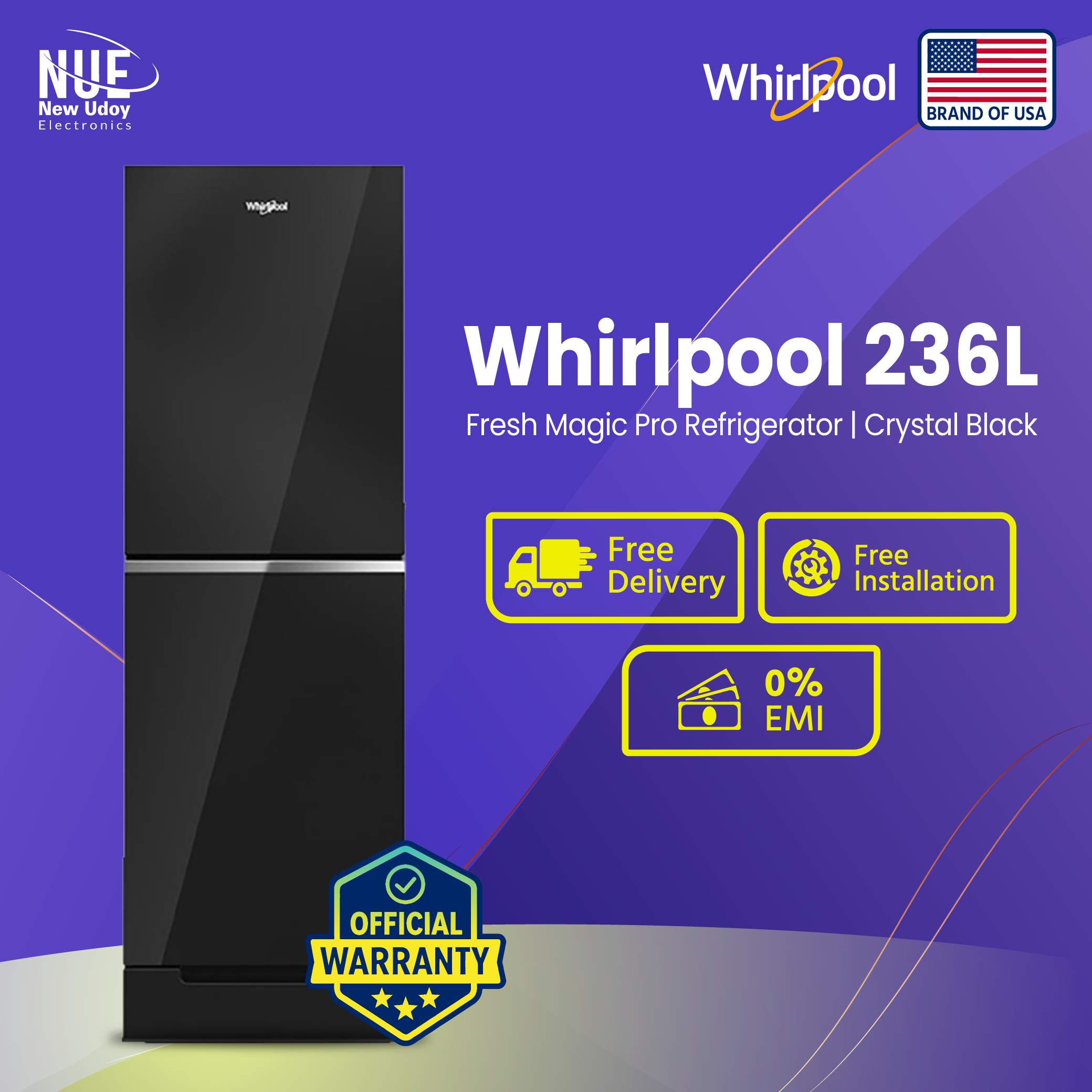Whirlpool 236 Liter Fresh Magic Pro Crystal Black official Refrigerator with Free Delivery