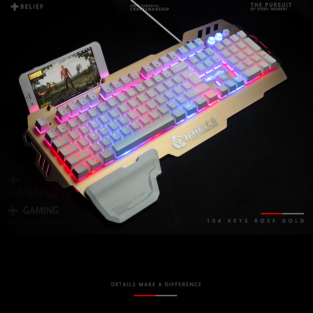 HXSJ 7Pin Pk-900 Gaming Keyboard Rgb Backlight Computer Keyboard With Mo-bile P-hone HO-lder Wrist Rest S-ilver. 
