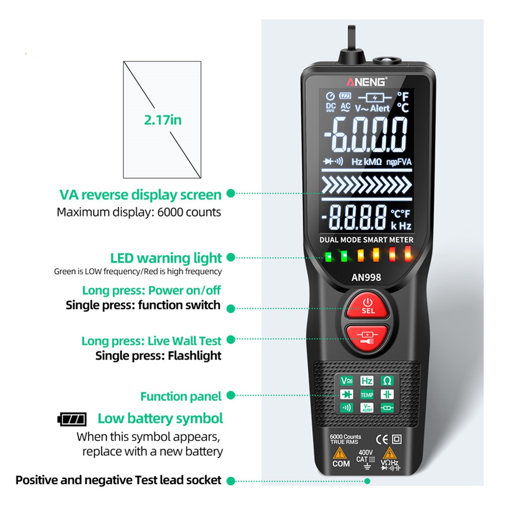 AN998 Automatic Digital 6000 Counts Professional Multimeter Eletric Auto Ranging AC/DC Voltmeter Temp Ohm Hz Detector Tool. 