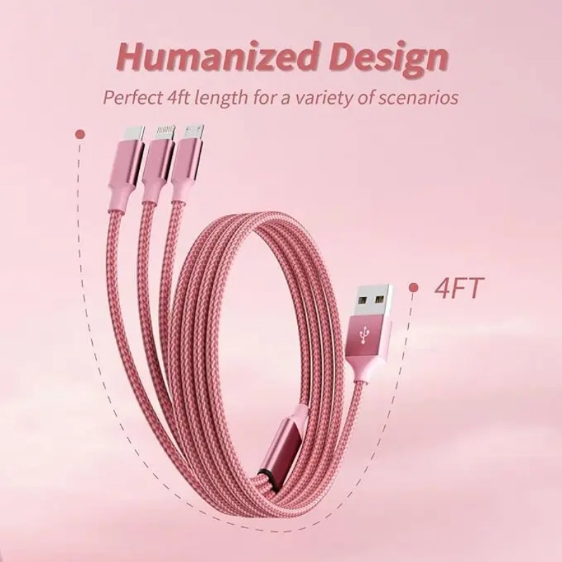 3 In 1 Pink Fast Charging USB cable Type C Usb Micro For Iphone Samsung Huawei Xiaomi Multi Port Multiple Charging Wire Line. 