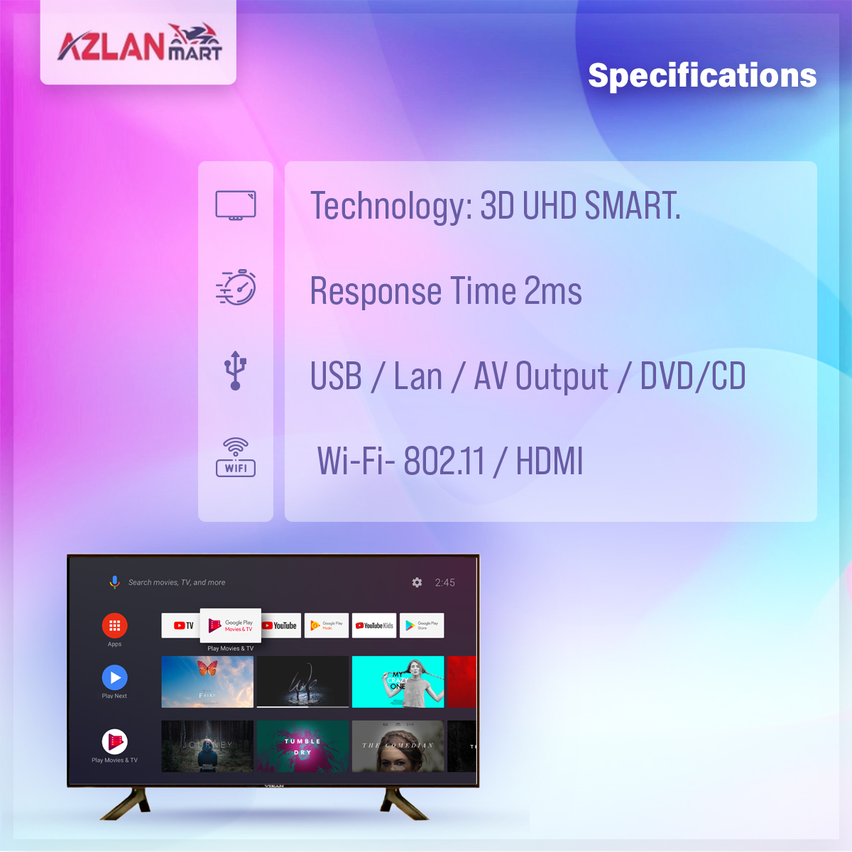 Vikan 55 Inch Android Smart WiFi Voice Control 4k UHD Led Tv Ram 2 gb Rom 16 gb. 