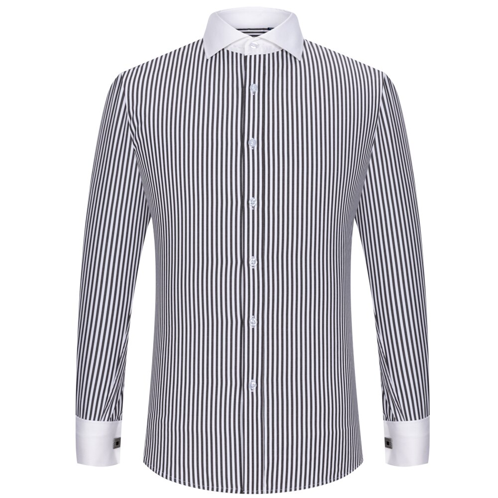 Men's Striped Spread Collar French Cuff Shirt Without Pocket Formal Business Long Sleeve Standard-fit Dress Shirts. 