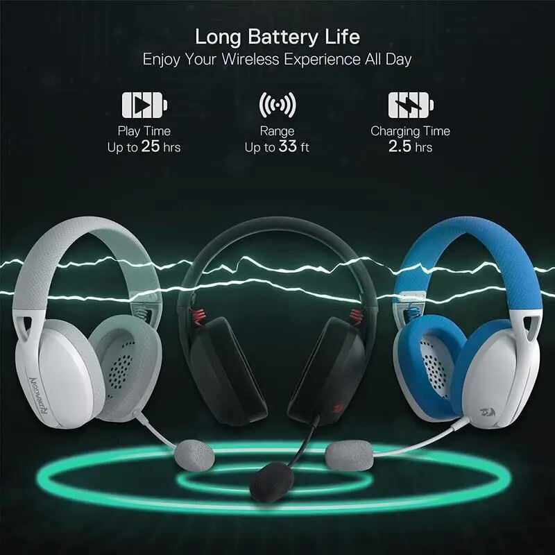 Redragon H848 Headset Bluetooth Wireless Gaming Lightweight 7.1 Surround Sound 40MM Drivers Detachable Microphone Multi Platform. 