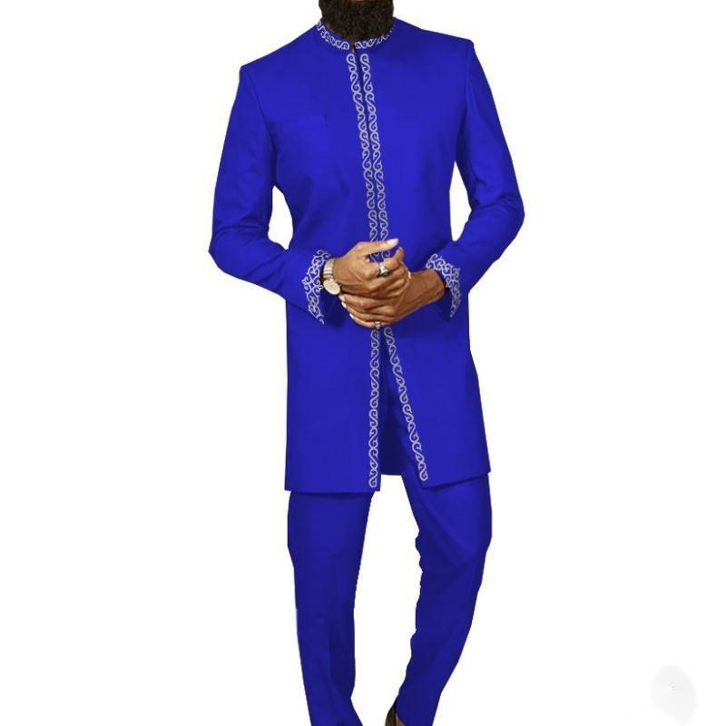 Afrika erkek giyim moda işlemeli üst ve pantolon 2 parça Set zarif klasik ince parti topu rahat güzel takım elbise. 