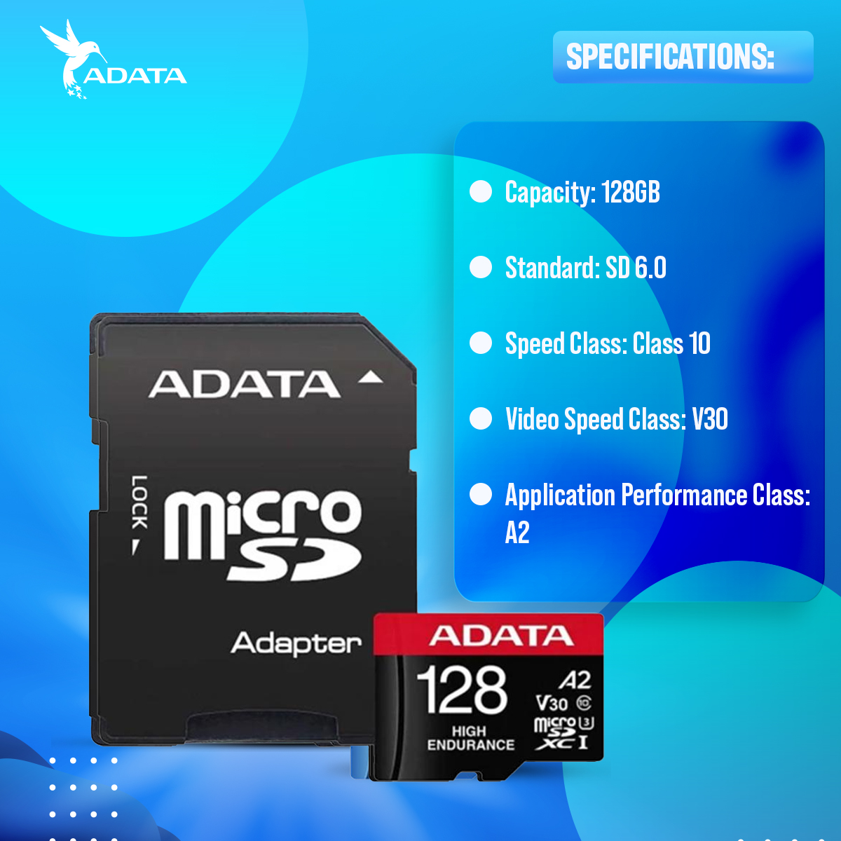 ADATA High Endurance 128GB microSDXC/SDHC UHS-I Memory Card for Surveillance Camera with UHS-I and V30 Compliant and A2 qualified. 