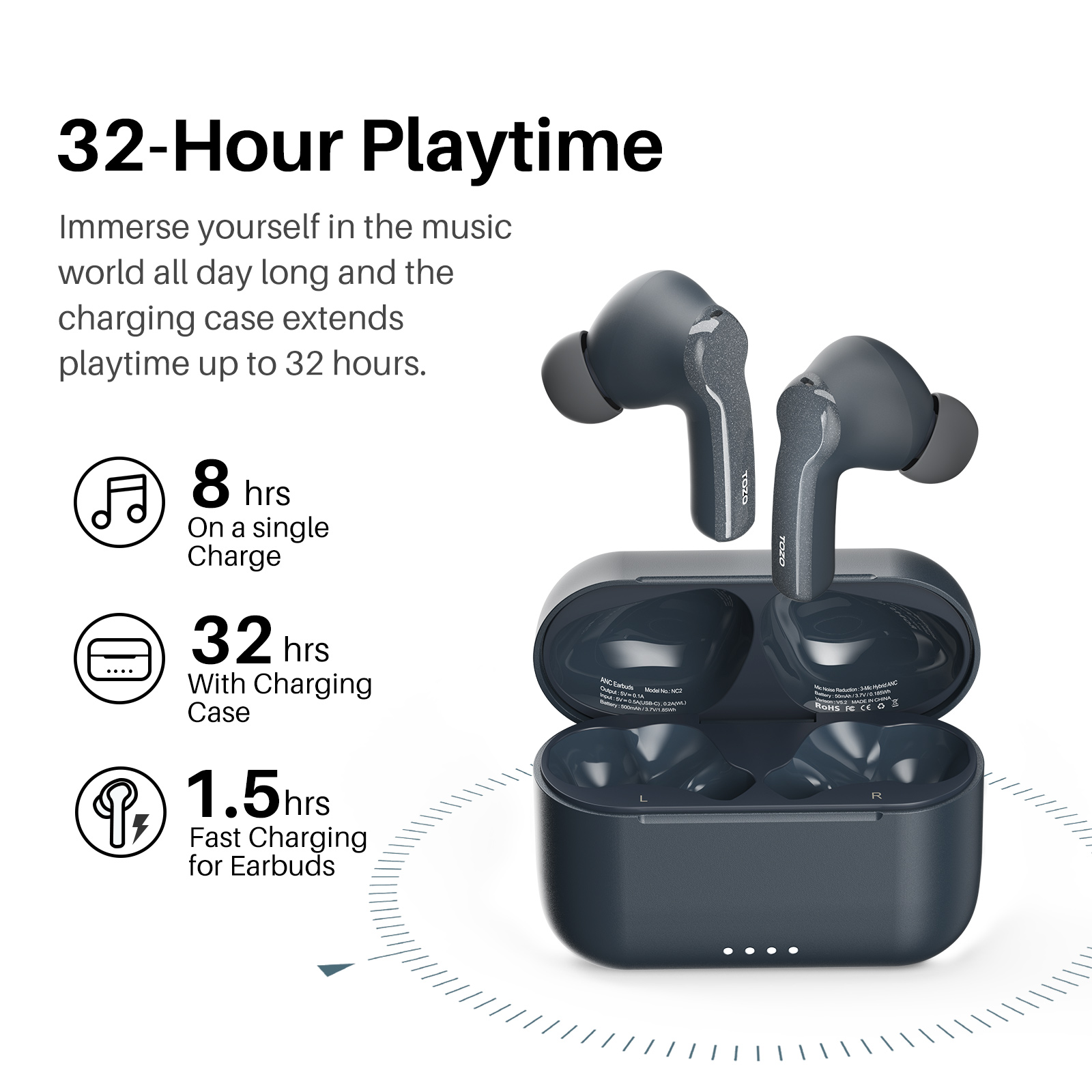 TOZO NC2 Bluetooth Earphones With Hybrid Active Noise Cancelling , Wireless Earbuds With Immersive Sound For Iphone 14. 