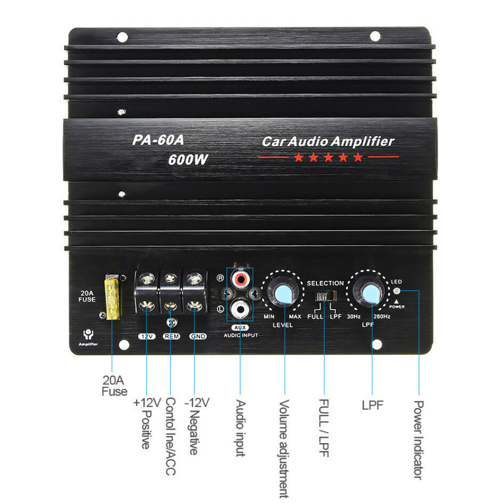 12V 600W Car Amplifier Board PA-60A Subwoofer Circuit Module Car Power Amplifier,Black. 